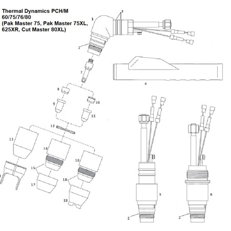 Handbrennerkörper 70° - Thermal Dynamics - Pak Master Cut Master - PCH 60/75/76/80 - (8-7510) Nachbau - 165.1545 - passend für P