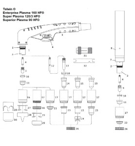 Handbrennerkopf LT150 für Telwin Enterprise Plasma 160 HF/Super Plasma 120/3 HF/Superior Plasma 90 HF - (722480) Nachbau - 103.1