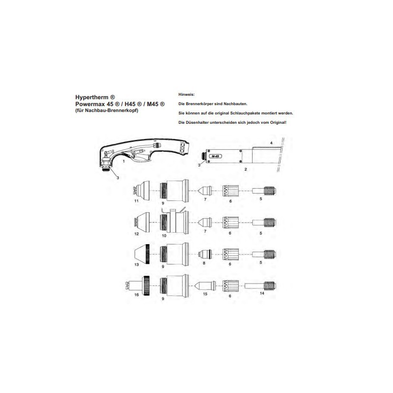 Handbrennerkopf komplett Hypertherm Powermax45 (Nachbau) Ref.Nr. 228346 - 128.1546 - Platec Handbrennerkopf komplett mit Griffsc