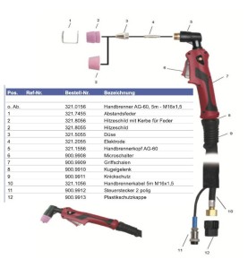 Plasma Handschneidbrenner AG-60, 5m - M16x1,5 - Platec - 321.0156 - passend für Parkside, Stahlwerk, Weldinger Plasmaschneider e