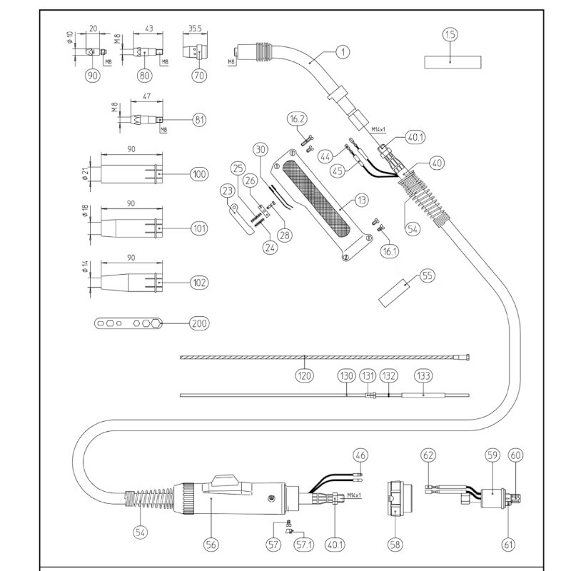 Binzel Düsenstock M8/M8 x 43mm Typ MB40 Einhell,TBi,Güde, Metabo Und Baugleiche - 142.0021