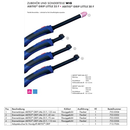 Brennerkörper Flexible für ABITIG Grip Little 20F und 25F - Flüssiggekühlt - 703.0304x - Brennerkörper SR9F (FLEXIBEL) - WP9F - 