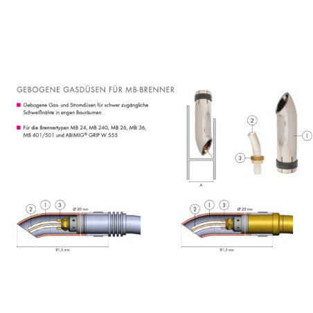 Gasdüse gebogen DA20 DI17 L82 für MB 24, MB 240, MB 26, MB 36, MB 401/501 u. ABIMIG® GRIP W 555 - 145.D457.5 - Gasdüse konisch, 