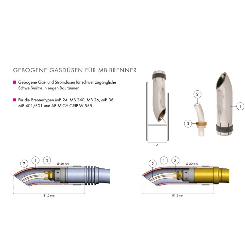 Stromdüse gebogen E-Cu M6 x 25, Ø 0,8mm/1,0mm/1,2mm, Abicor Binzel