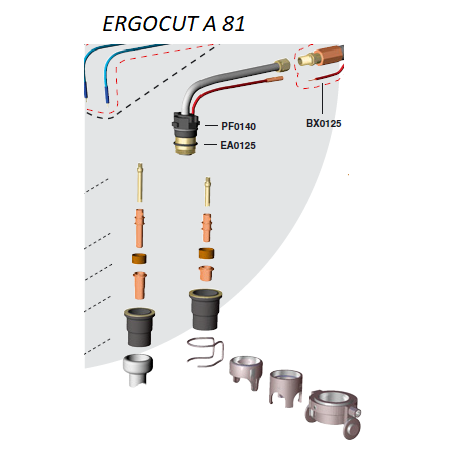 Trafimet Ergocut A81 - 1 Luftrohr, 1 Swirl Ring, 5 Elektroden lang, 5 Schneiddüsen lang 1,2mm, 1 Aussenschutzdüse