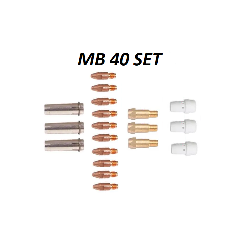 MB40 Set 1,2mm, 3 Gasdüsen, 10 Stromdüsen 1,2mm, 3 Düsenstöcke, 3 Gasverteiler MB40 Set 1,2mm, 3 Gasdüsen, 10 Stromdüsen 1,2mm, 3 Düsenstöcke, 3 Gasverteiler