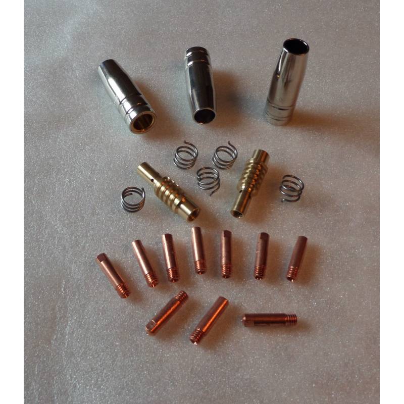 MB 15 Set 0,8mm, 3 Gasdüsen, 10 Stromdüsen, 2 Gasdüsenträger, 5 Haltefedern MB 15 Set 0,8mm, 3 Gasdüsen, 10 Stromdüsen, 2 Gasdüsenträger, 5 Haltefedern