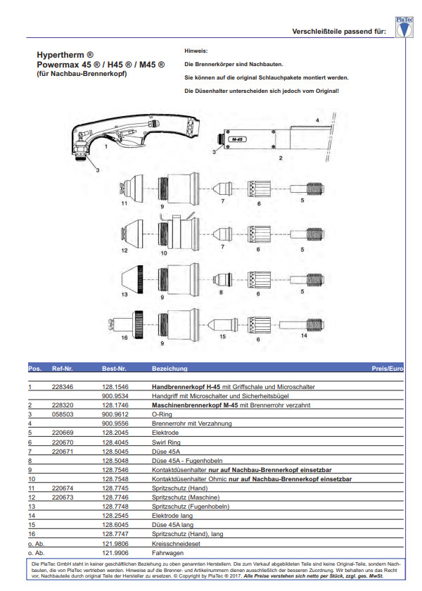 Powermax45 Nachbauten Teileliste